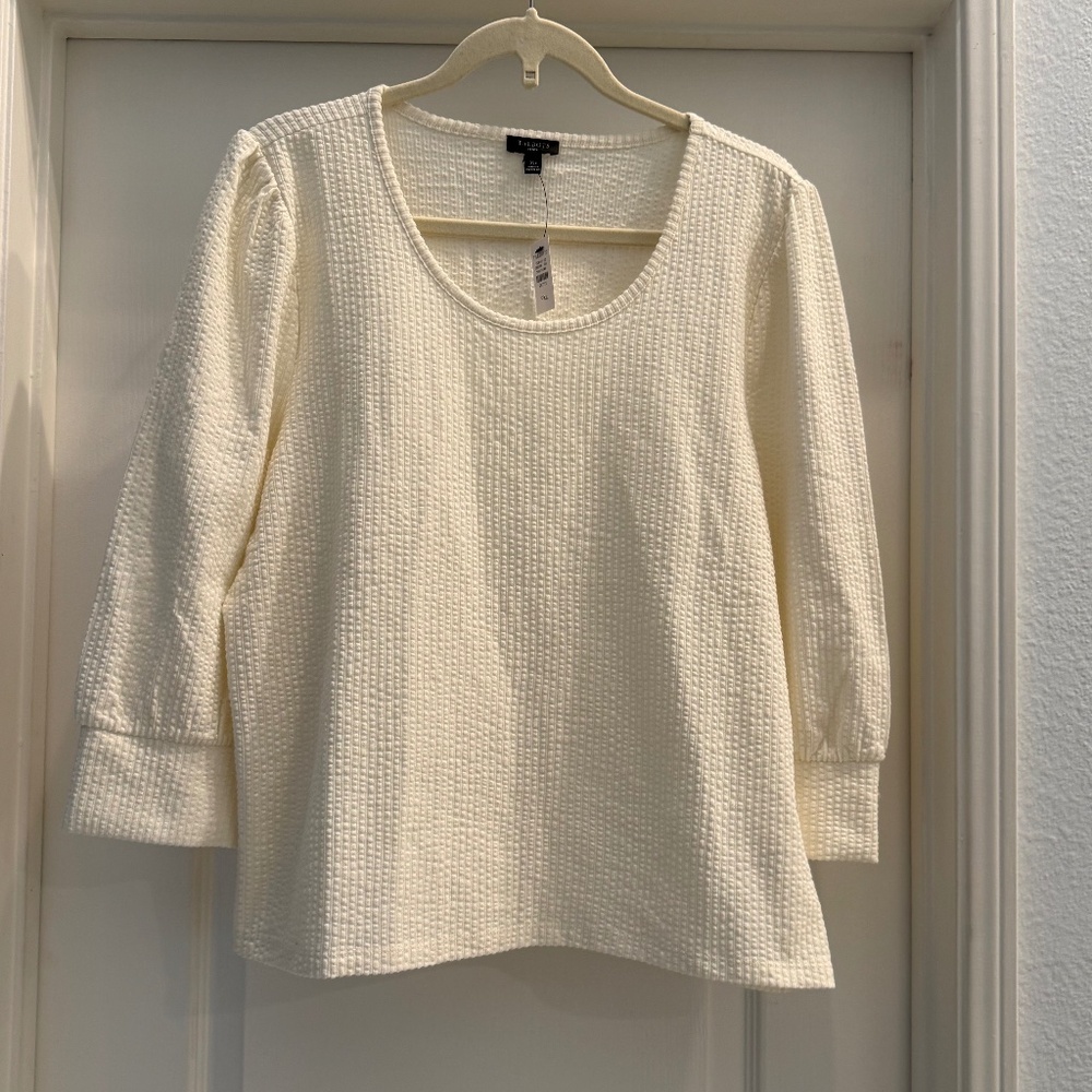 NWT Talbots Textured Scoop Neck Tee, Ivory, Petite L, 3/4 Sleeve